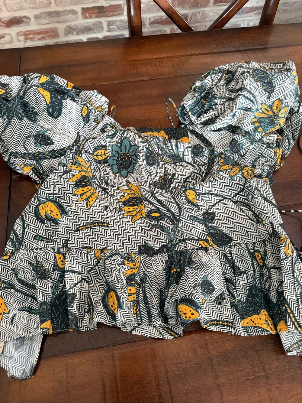 Ulla Johnson Floral Puff-Sleeve Peplum Top in Mustard and Teal